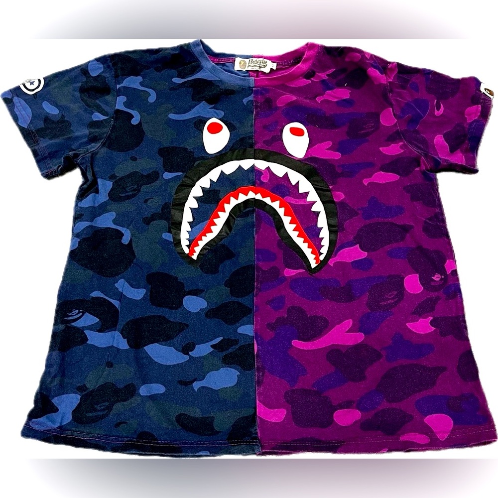 BAPE A Bathing Ape T-shirt Shark Teeth, Size M, Camo Purple & Blue, WGM Logo